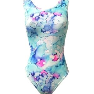 Foxy's Leotards blue watercolor pattern Leo - Adult Small (AS), open back